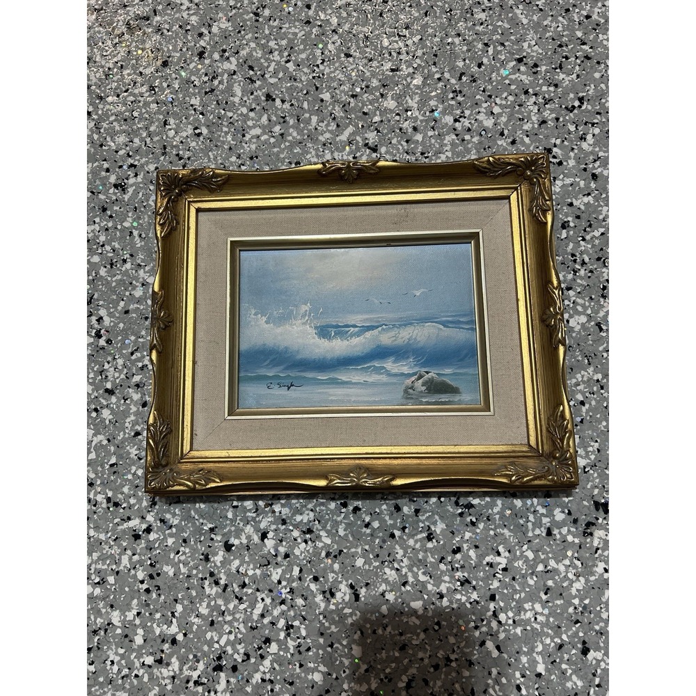 Vintage Signed E. Swift Seascape Ocean Wave Painting Gold Frame Coastal Art